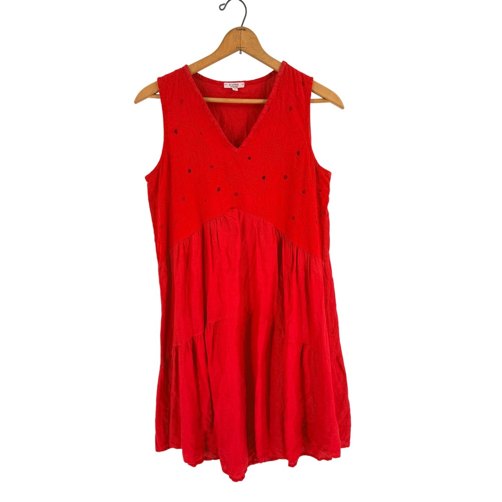 Rosemarine Linen Eyelet Tiered Red Dress Medium Coastal Made in Italy Sleeveless